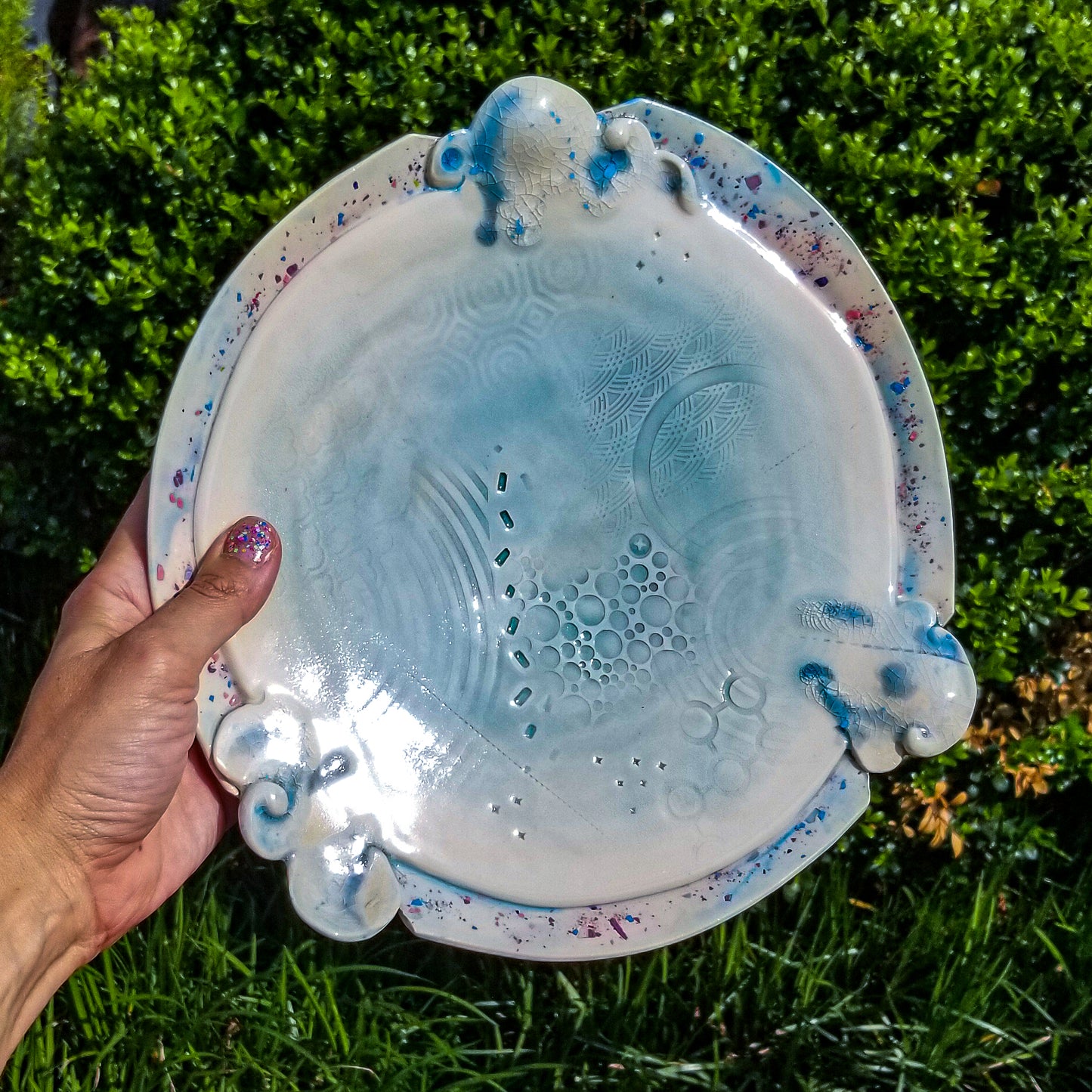 Handmade ceramic soda fired platter multi color with pressed textures