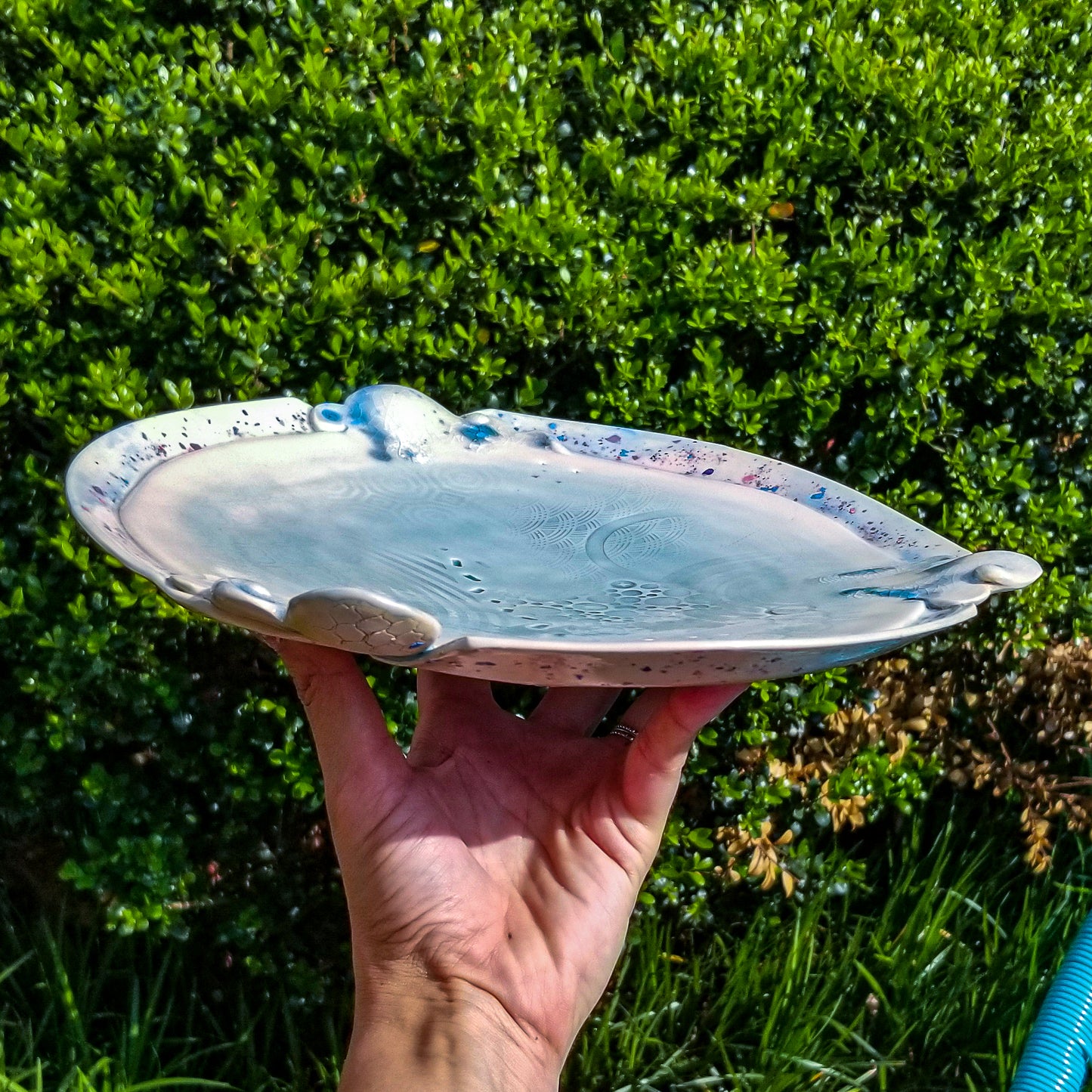 Handmade ceramic soda fired platter multi color with pressed textures