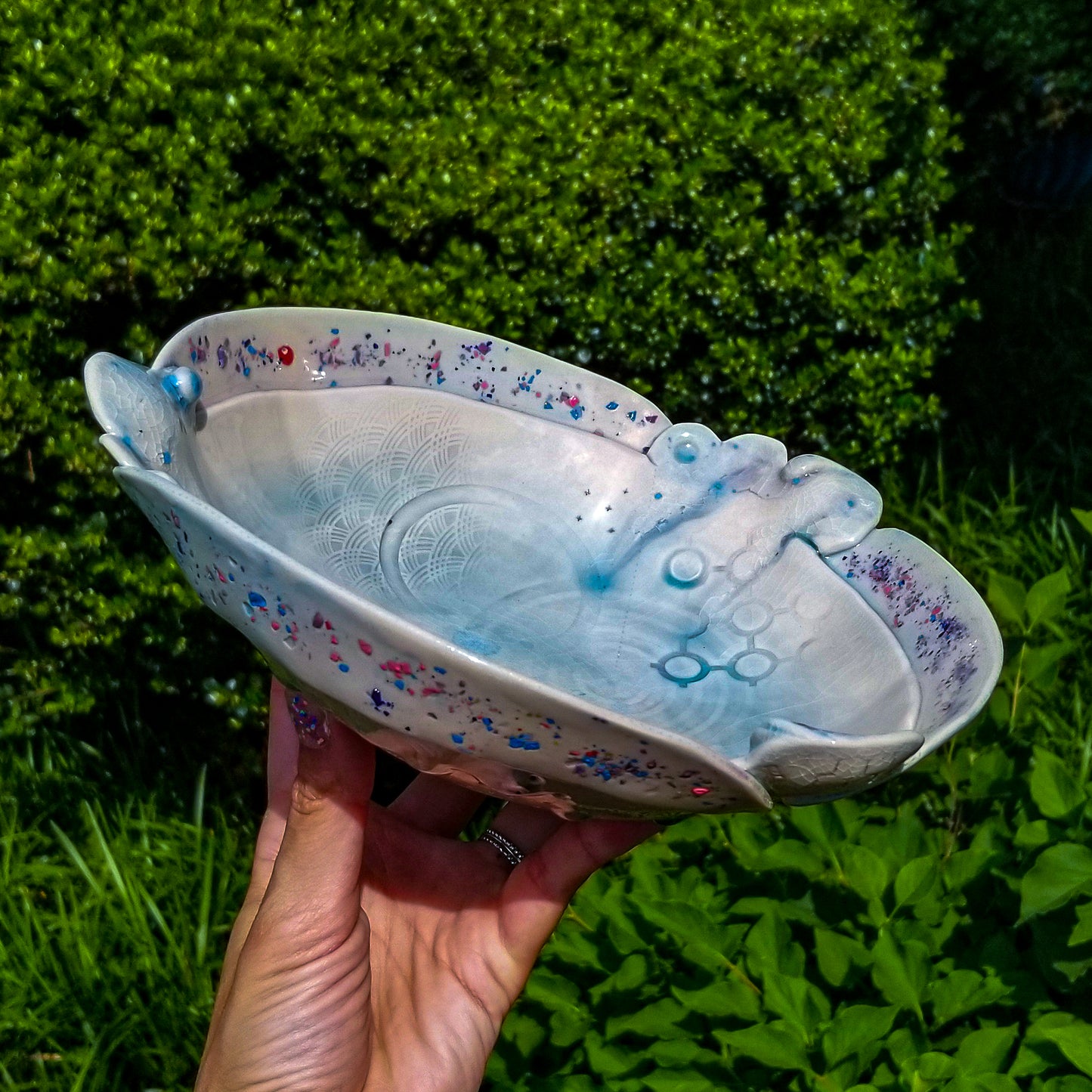 Handmade ceramic soda fired serving bowl multi color with pressed textures