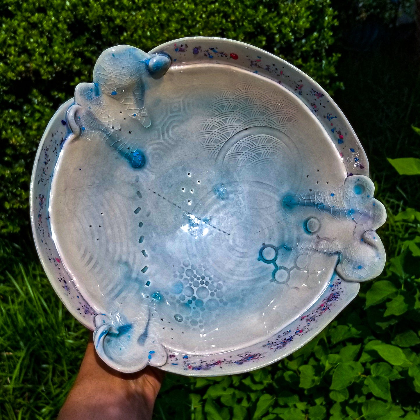 Handmade ceramic soda fired serving bowl multi color with pressed textures