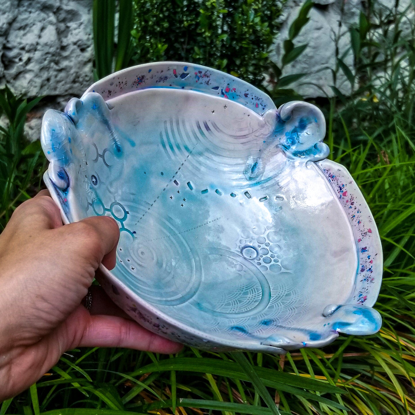 Handmade ceramic soda fired serving bowl multi color with pressed textures