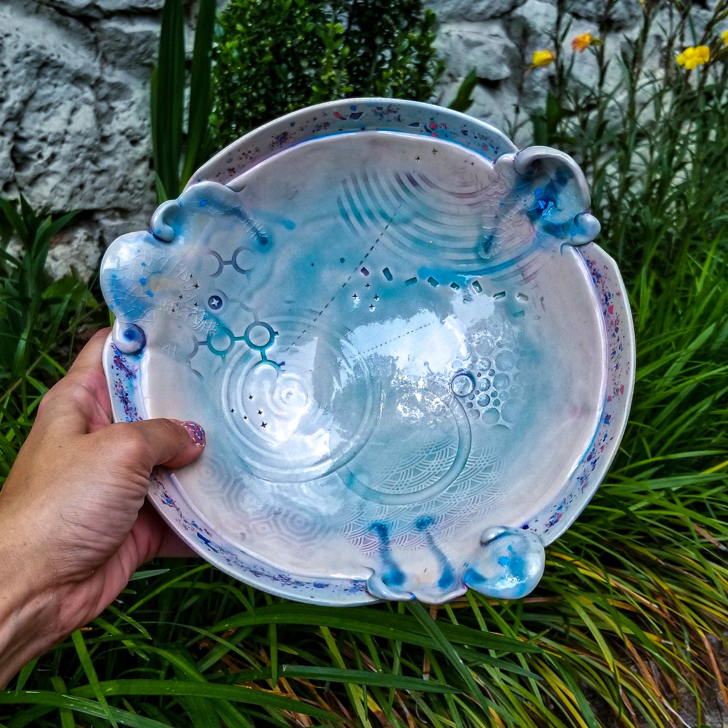 Handmade ceramic soda fired serving bowl multi color with pressed textures