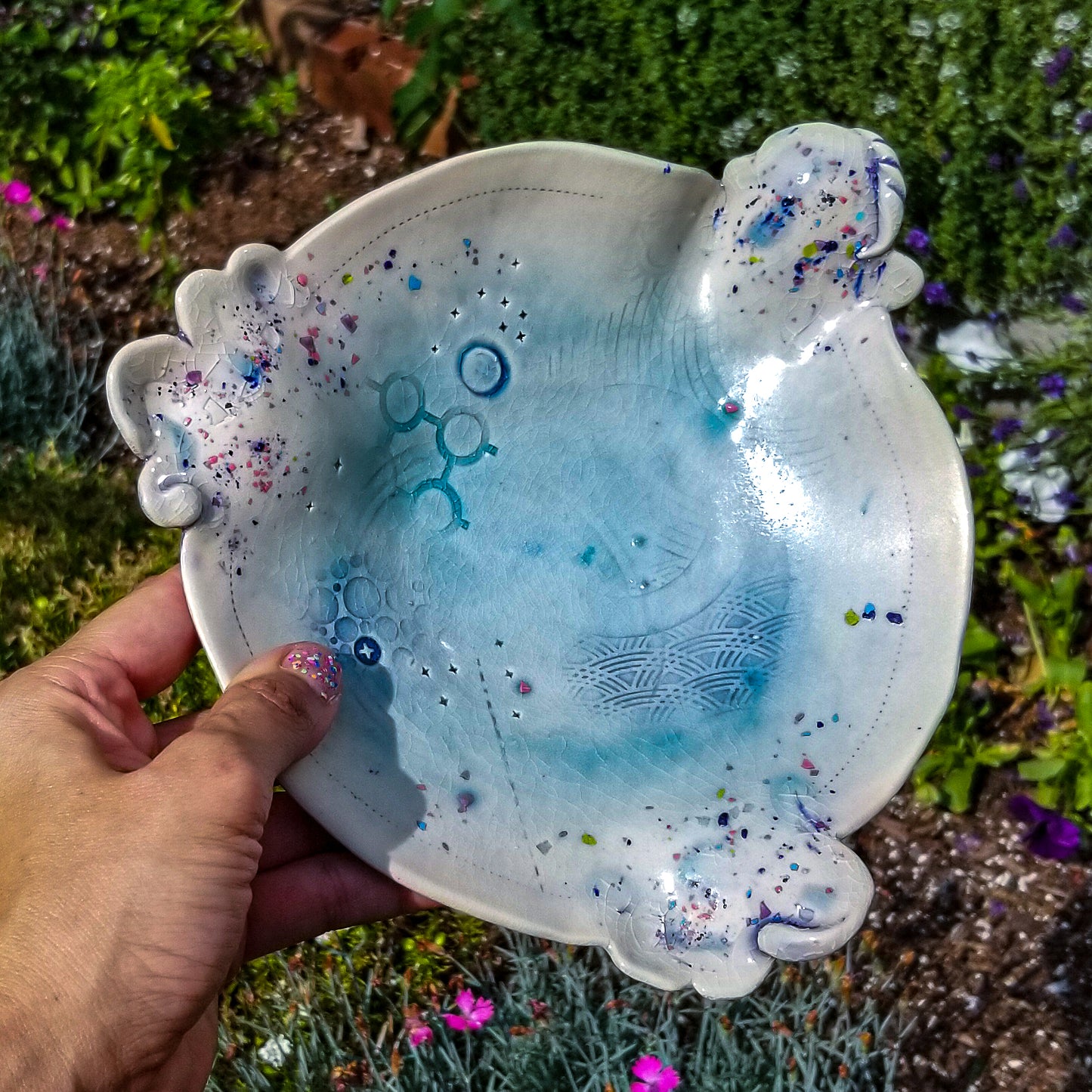 Handmade ceramic soda fired dish multi color with pressed textures