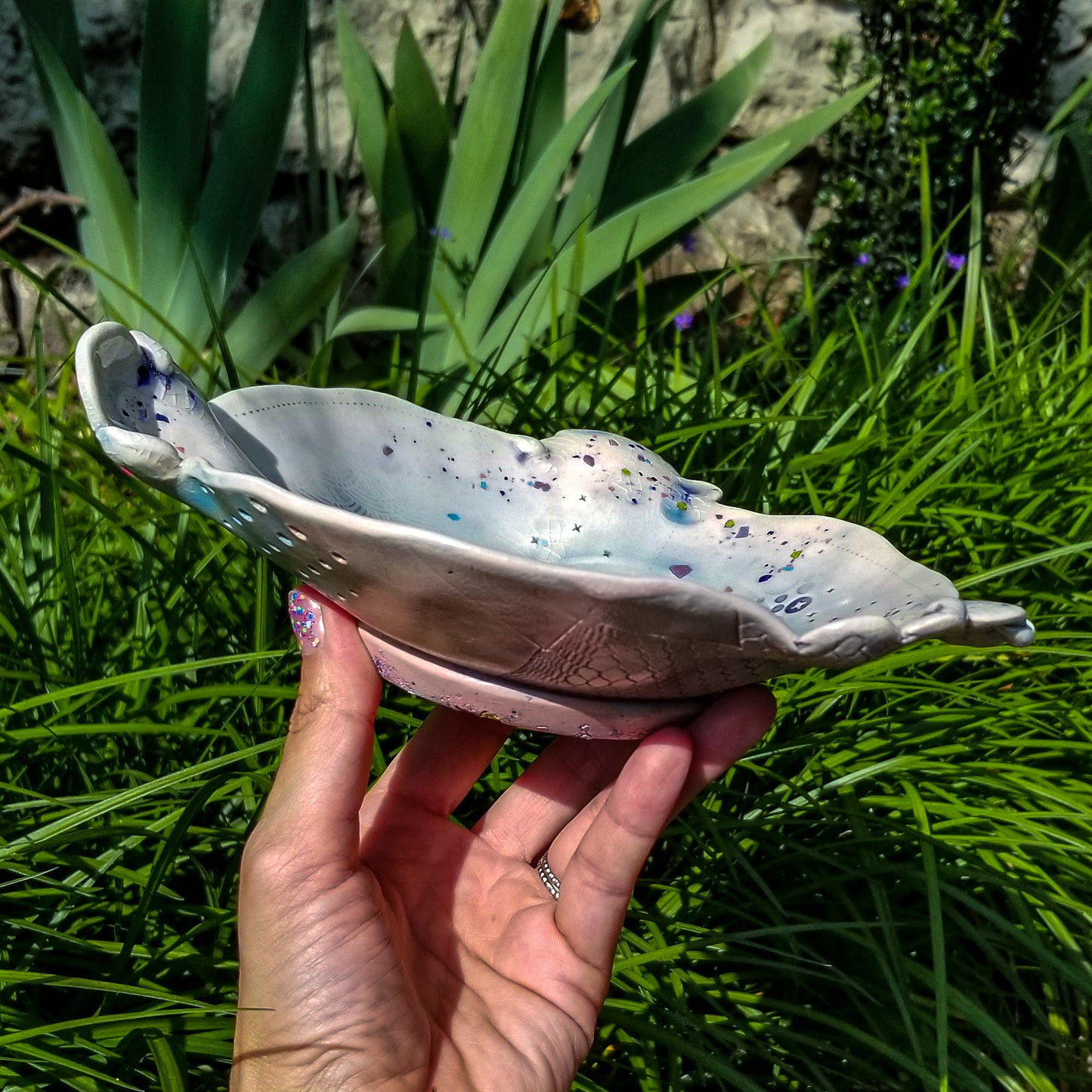 Handmade ceramic soda fired dish multi color with pressed textures