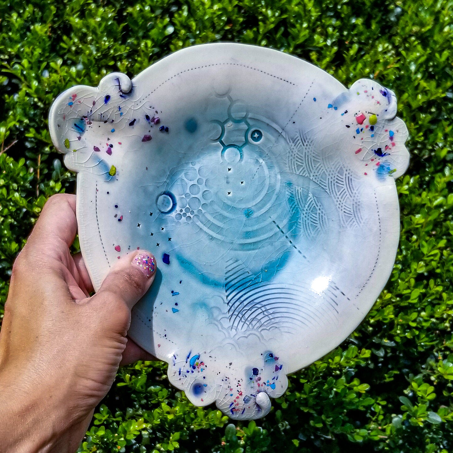 Handmade ceramic soda fired plate multi color with pressed textures