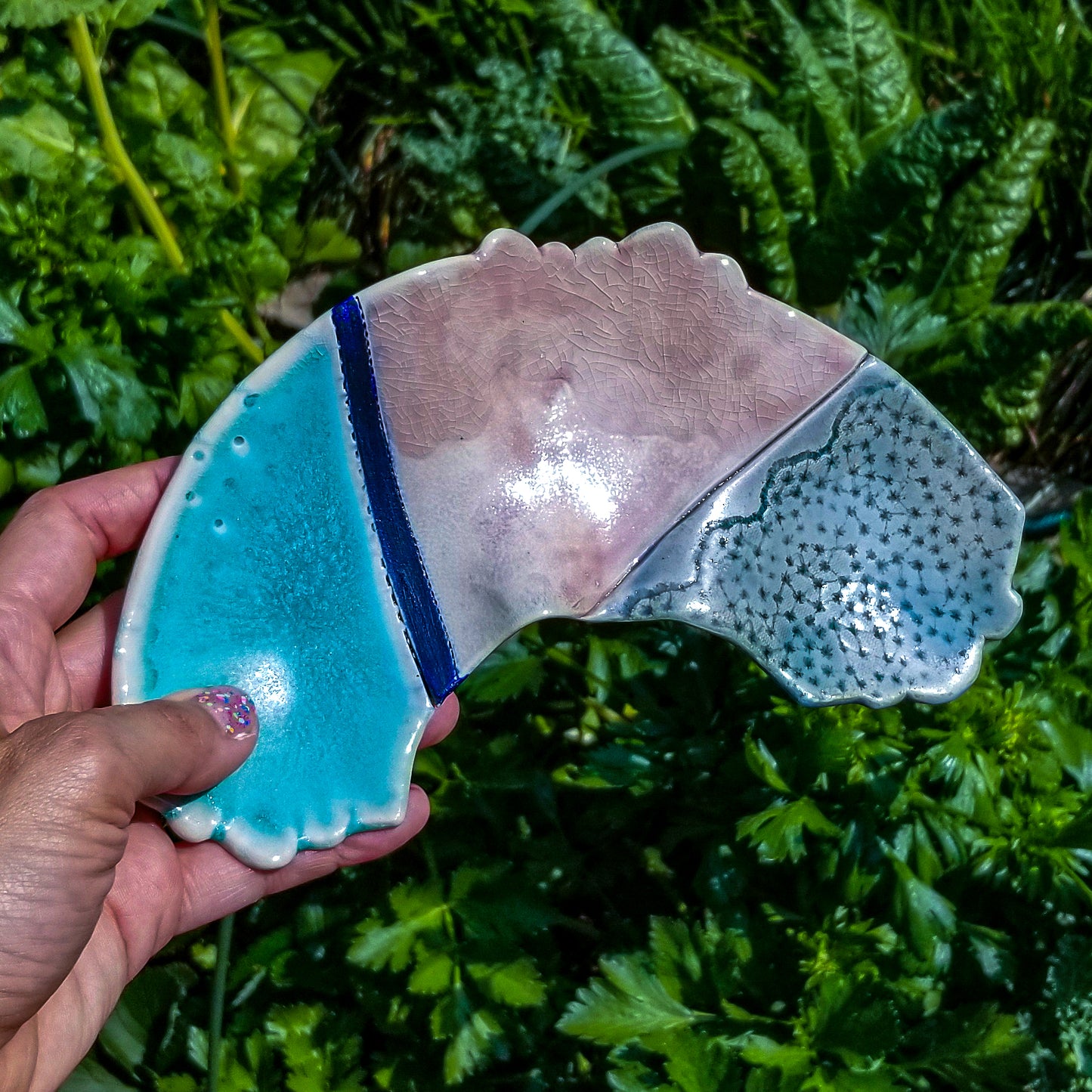 Handmade porcelain ceramic soda fired rainbow shaped tray multi color with pressed textures