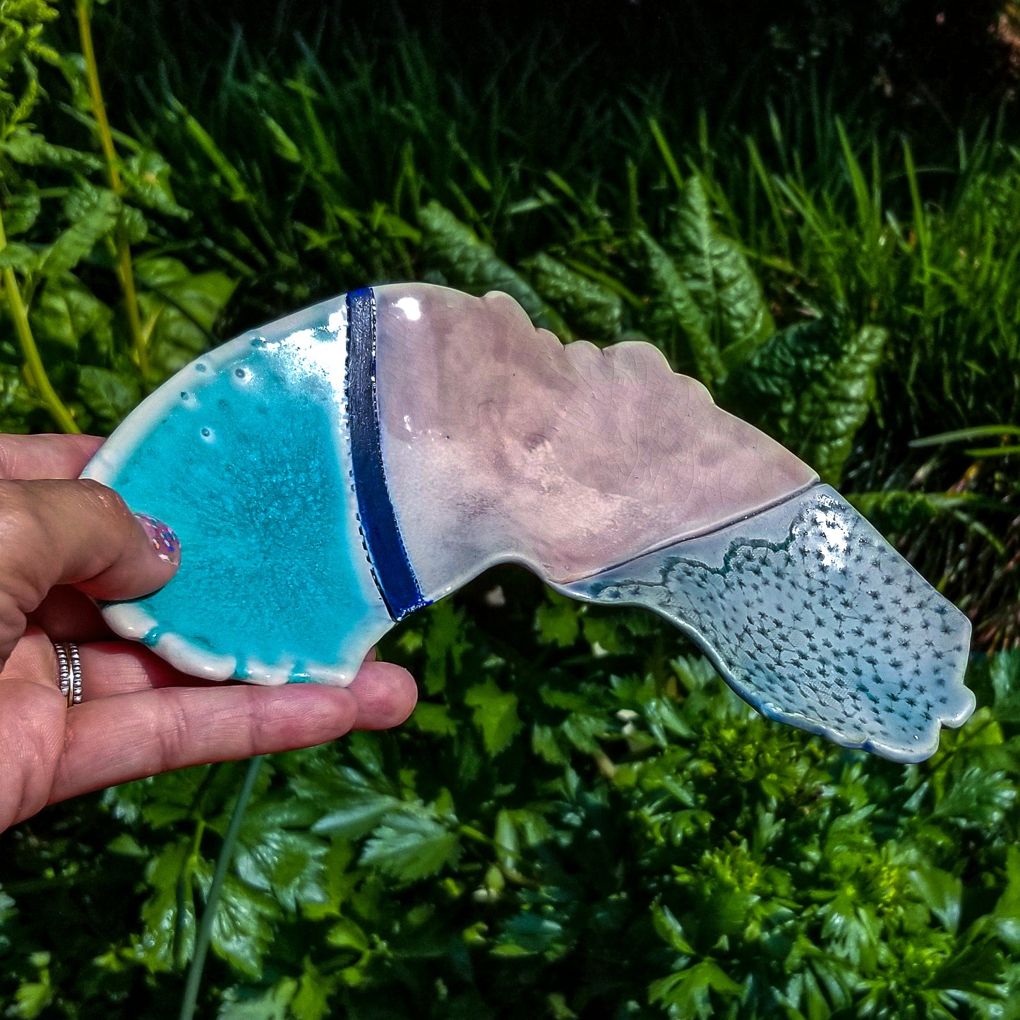 Handmade porcelain ceramic soda fired rainbow shaped tray multi color with pressed textures