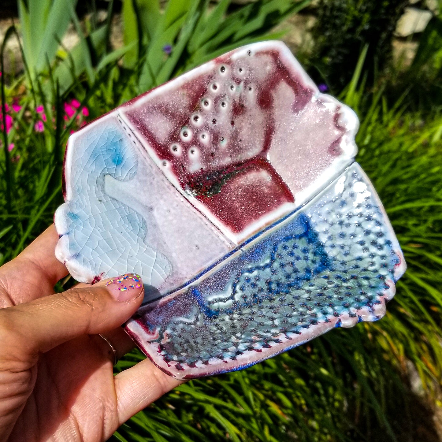 Handmade porcelain ceramic soda fired dish multi color with pressed textures