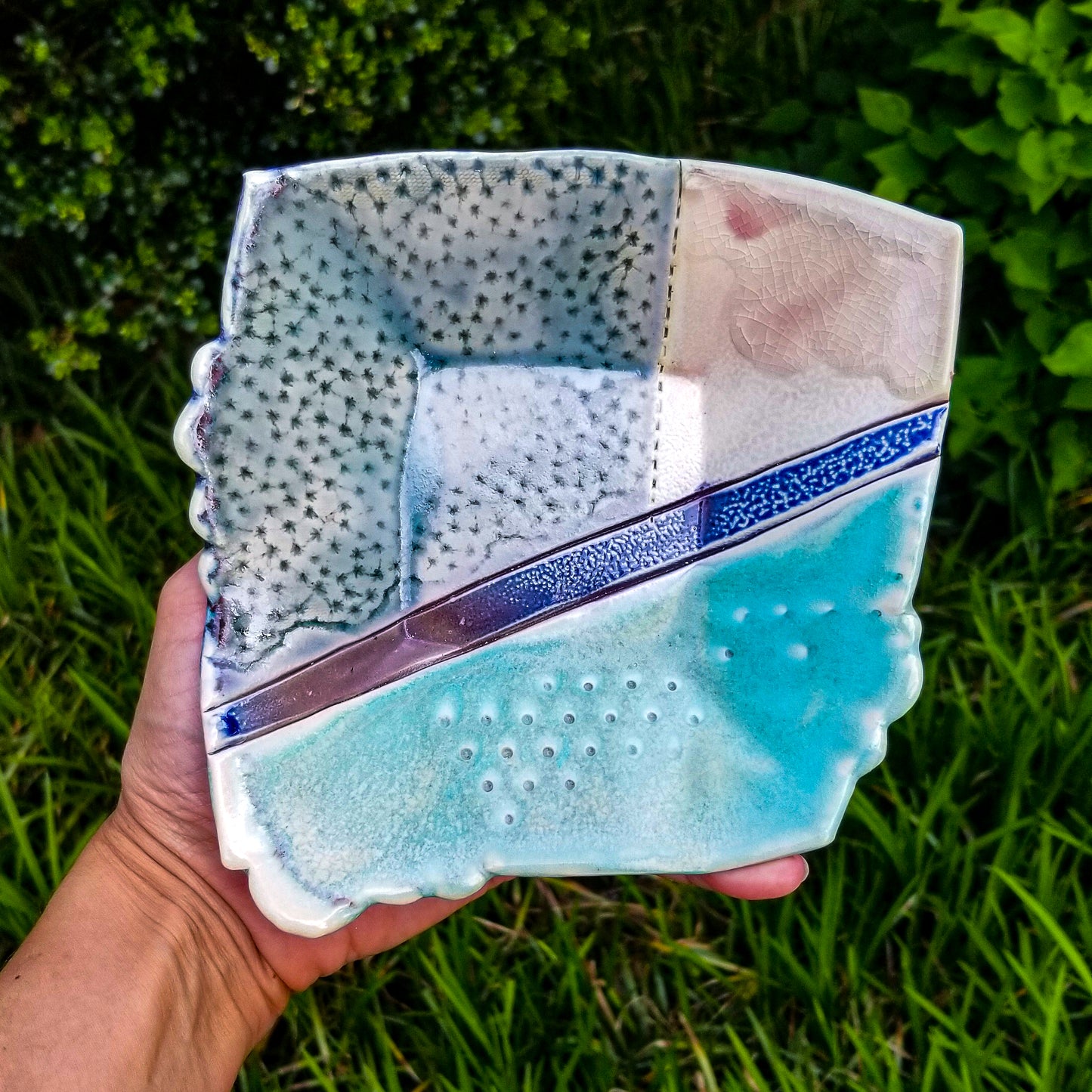 Handmade porcelain ceramic soda fired dish multi color with pressed textures