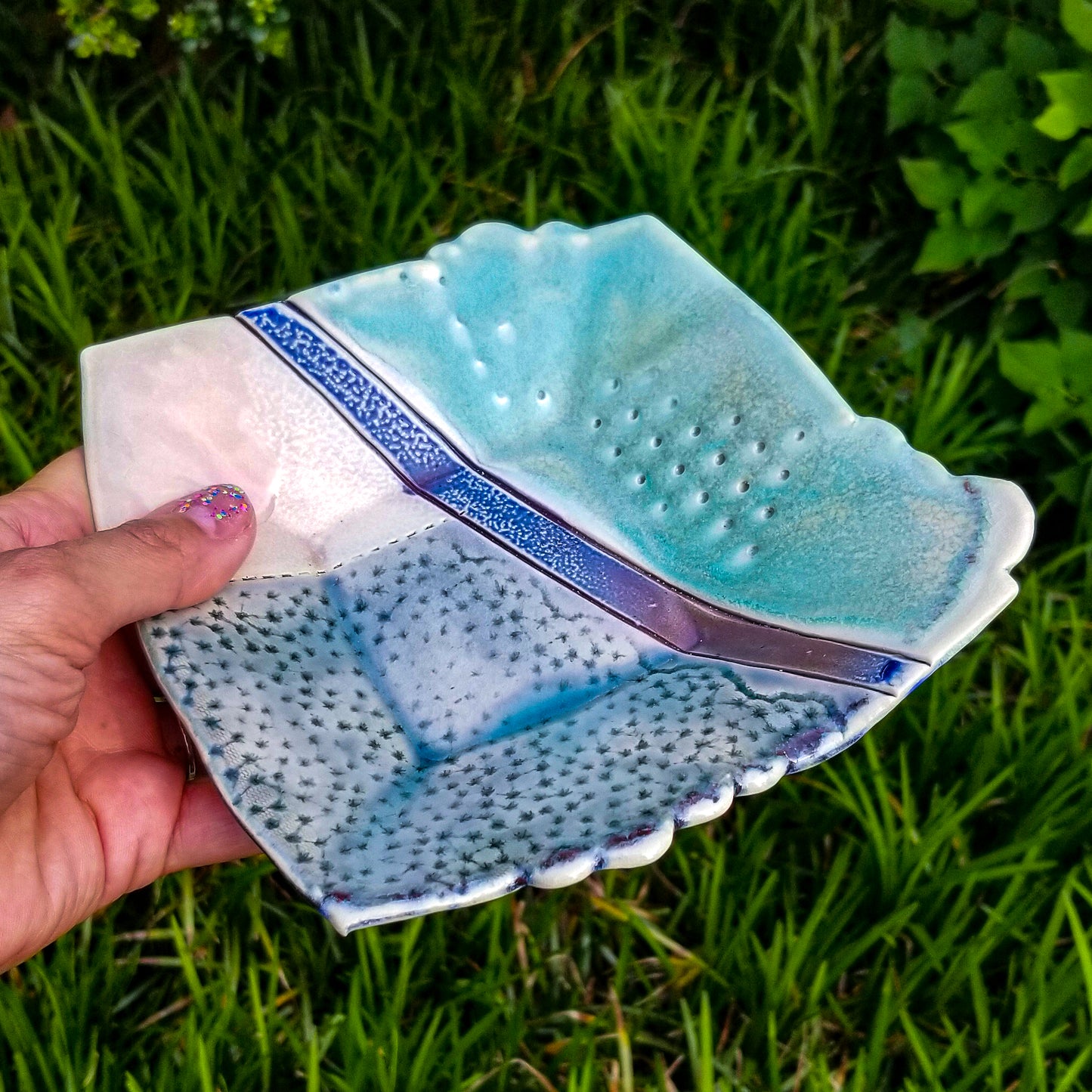 Handmade porcelain ceramic soda fired dish multi color with pressed textures