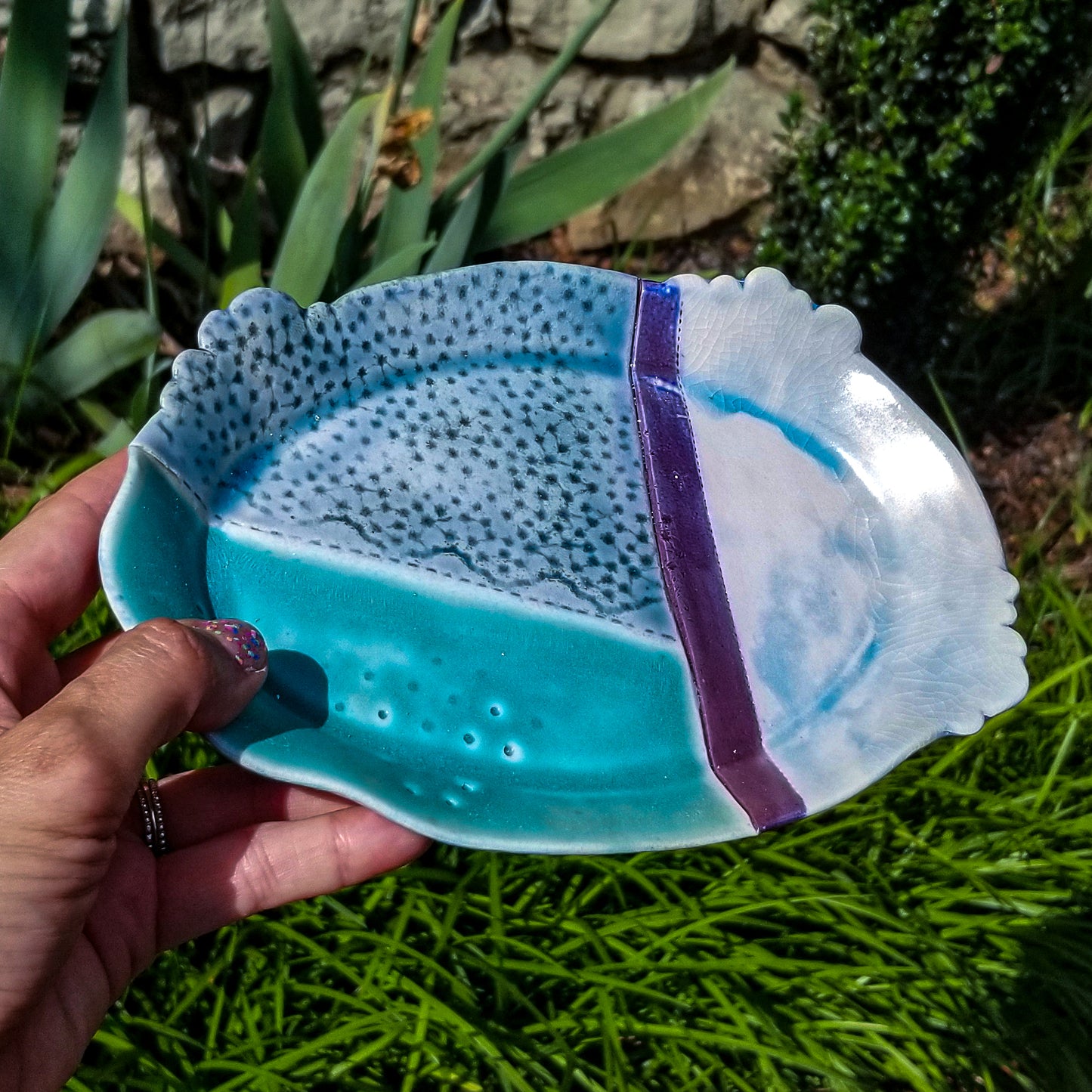 Handmade porcelain ceramic soda fired oval tray dish multi color with pressed textures