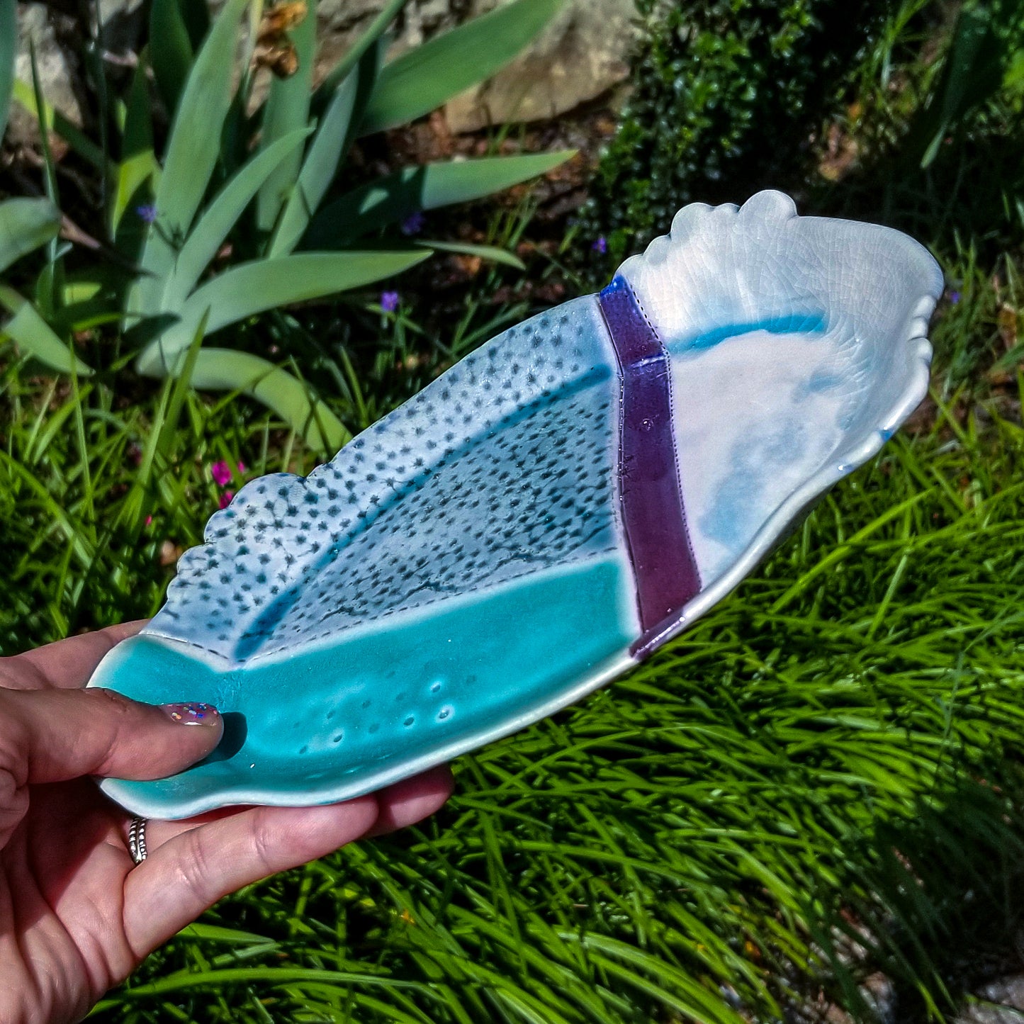 Handmade porcelain ceramic soda fired oval tray dish multi color with pressed textures