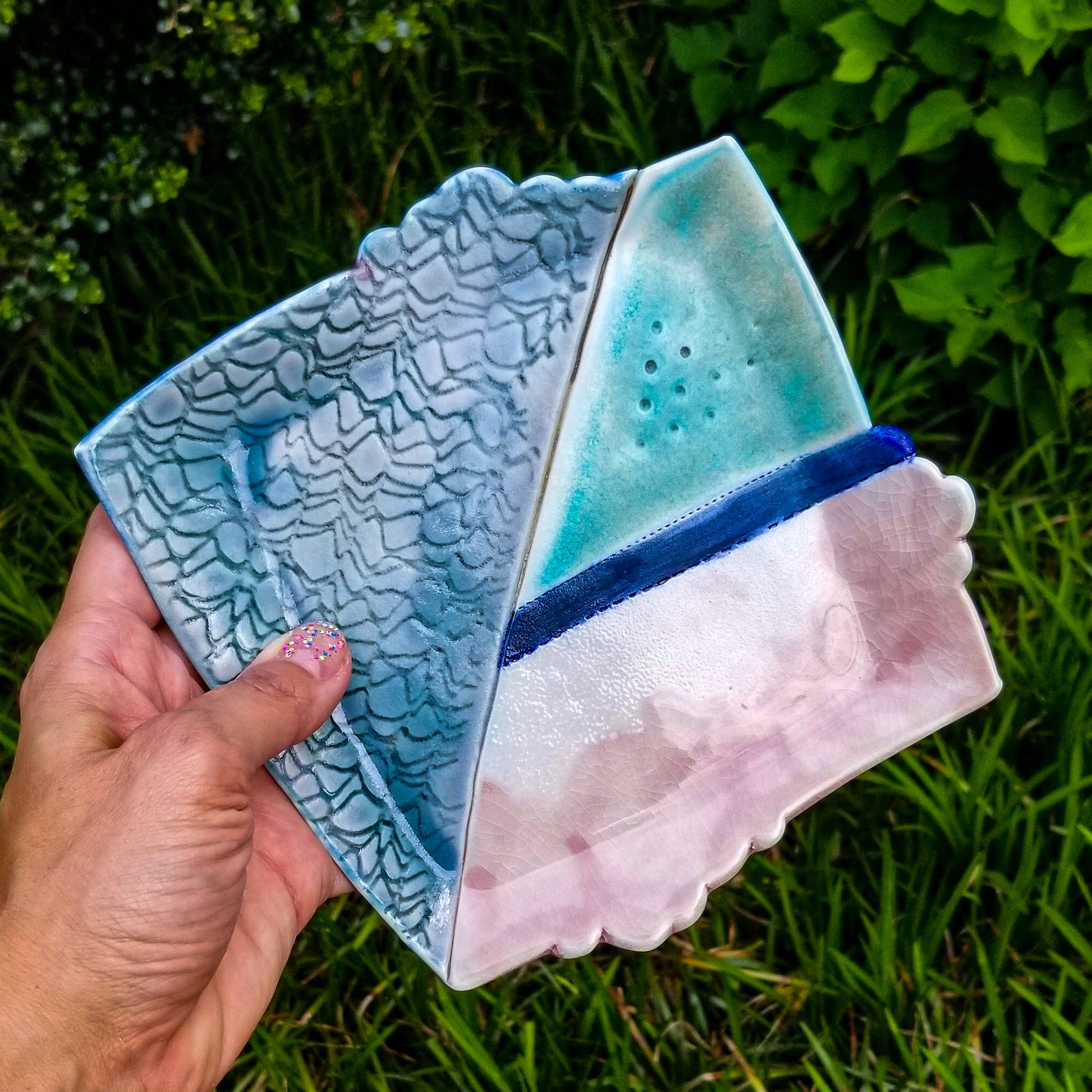 Handmade porcelain ceramic soda fired dish multi color with pressed textures