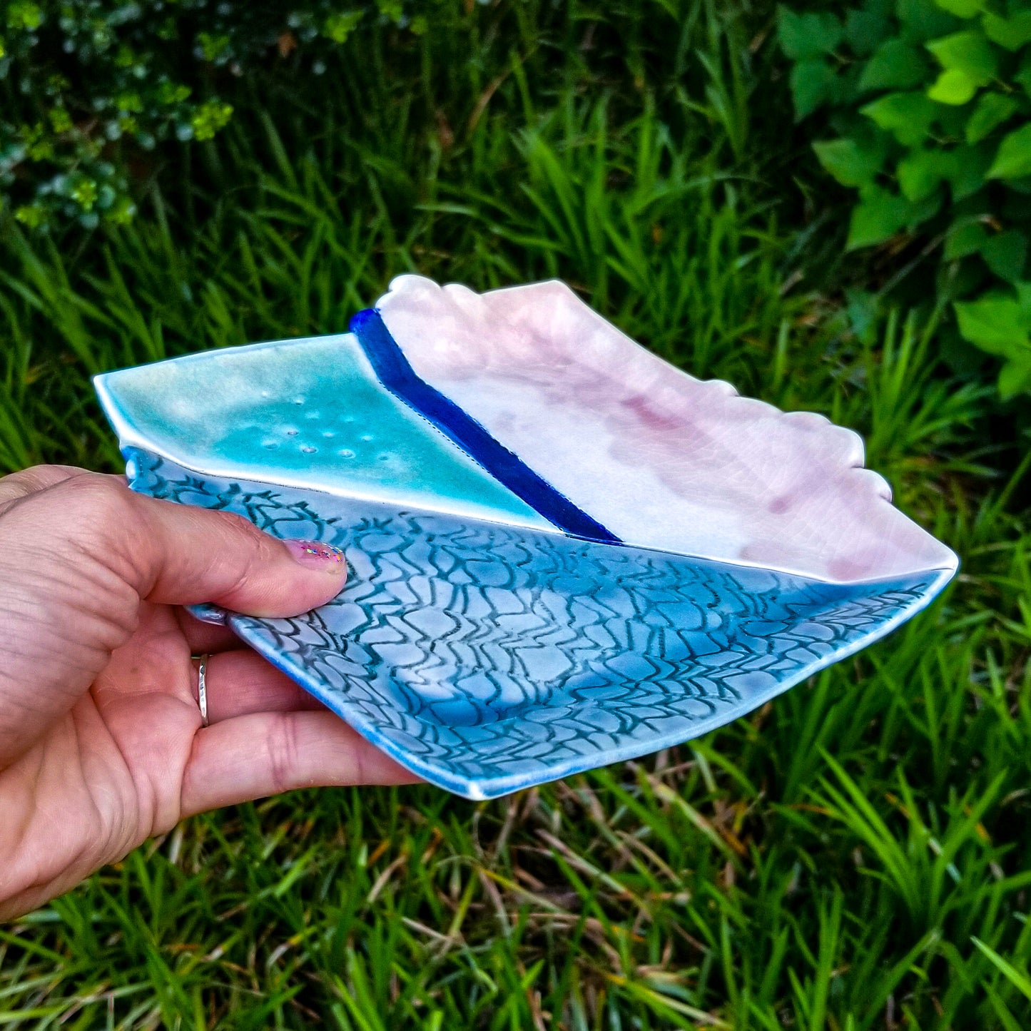 Handmade porcelain ceramic soda fired dish multi color with pressed textures