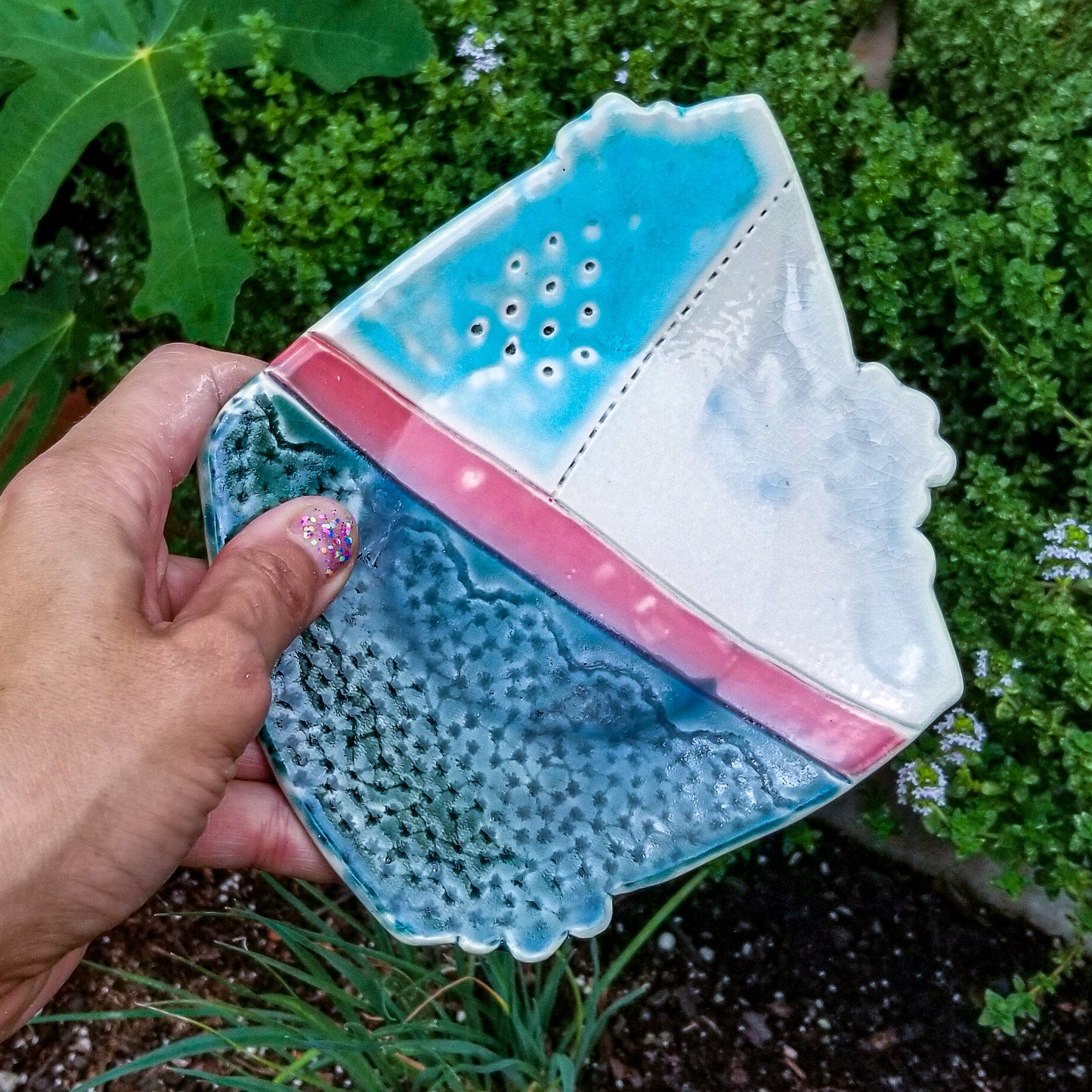 Handmade porcelain ceramic soda fired dish multi color with pressed textures