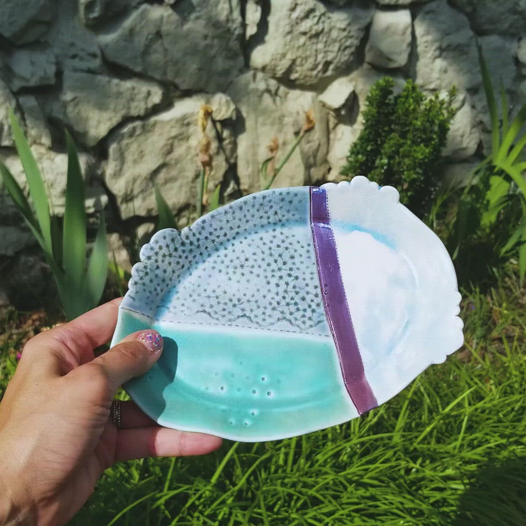 Video of handmade porcelain ceramic soda fired oval tray dish multi color with pressed textures