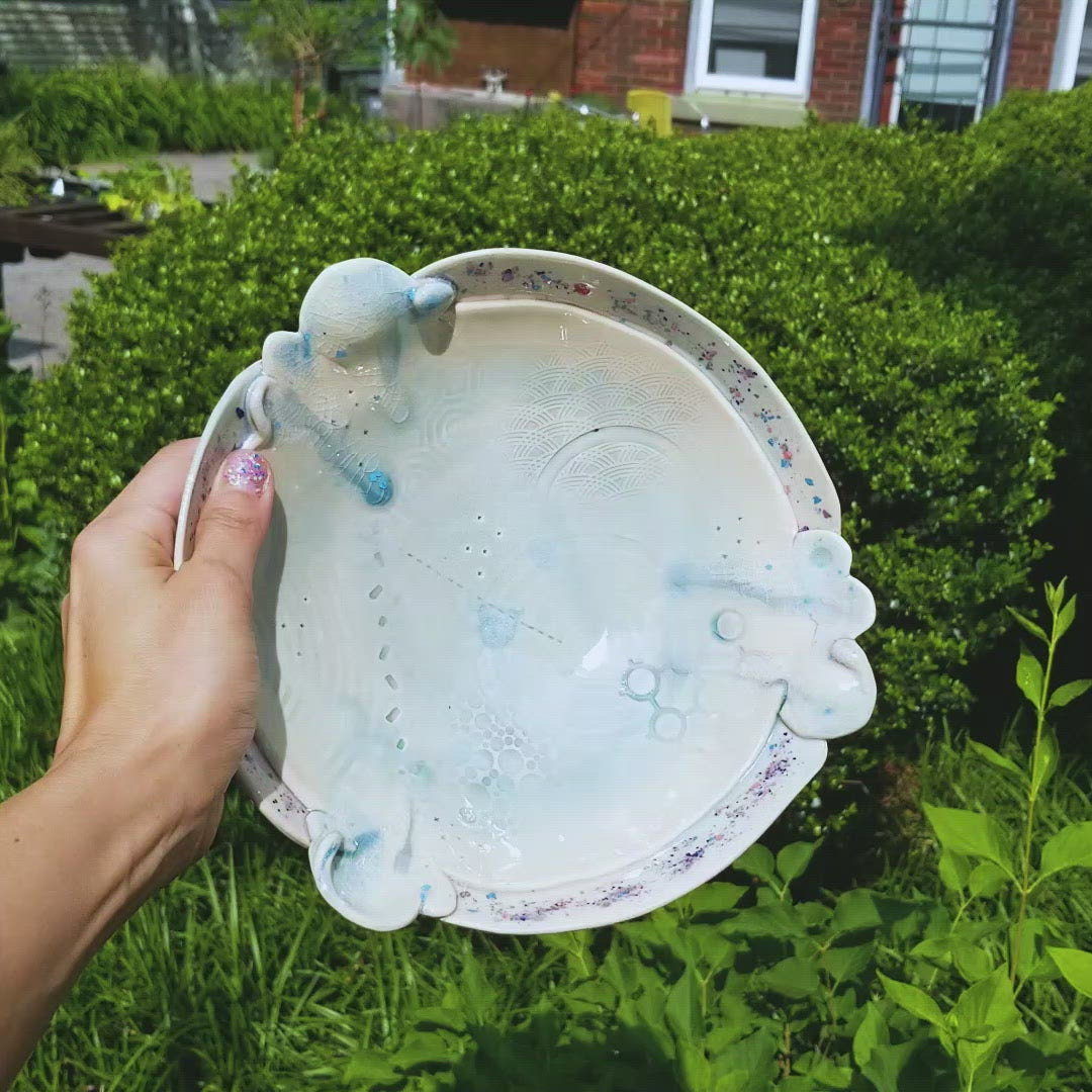 Video of handmade ceramic soda fired serving bowl multi color with pressed textures