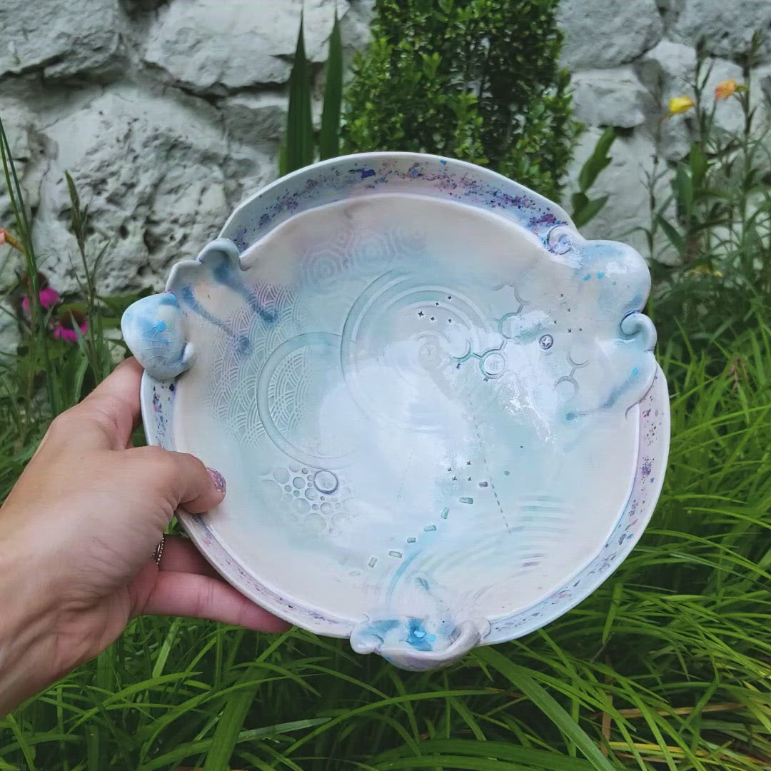 Video of handmade ceramic soda fired serving bowl multi color with pressed textures