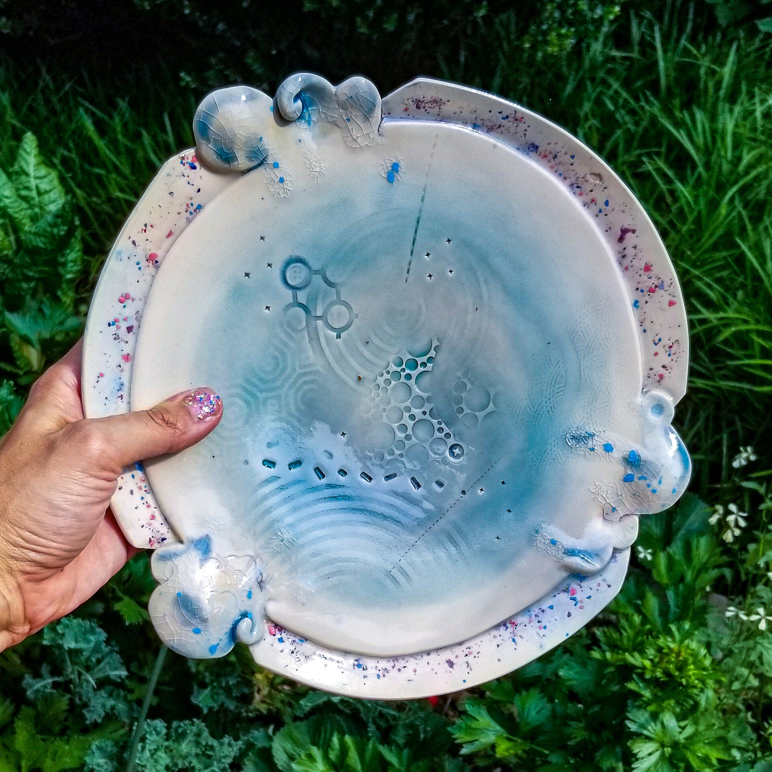 Handmade ceramic soda fired platter multi color with pressed textures