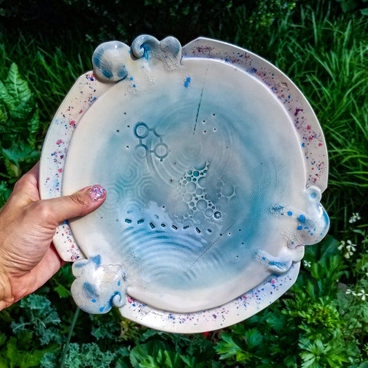 Handmade ceramic soda fired platter multi color with pressed textures