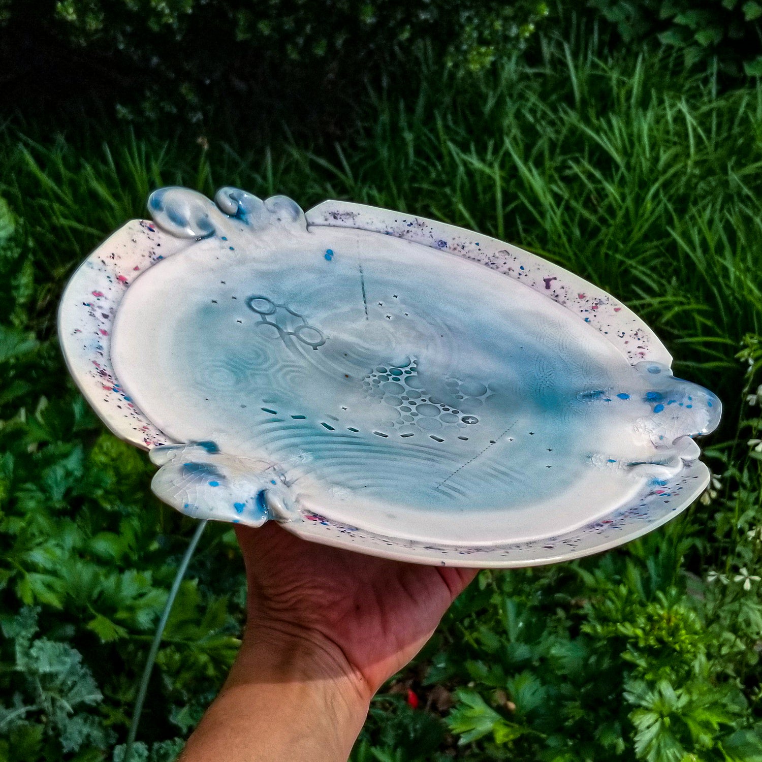 Handmade ceramic soda fired platter multi color with pressed textures