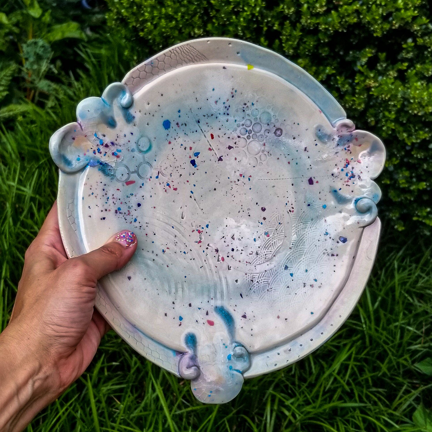 Handmade ceramic soda fired platter multi color with pressed textures