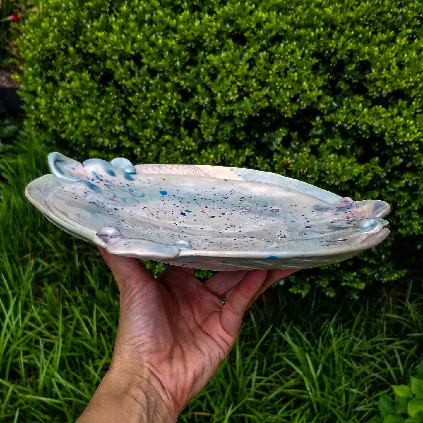 Handmade ceramic soda fired platter multi color with pressed textures