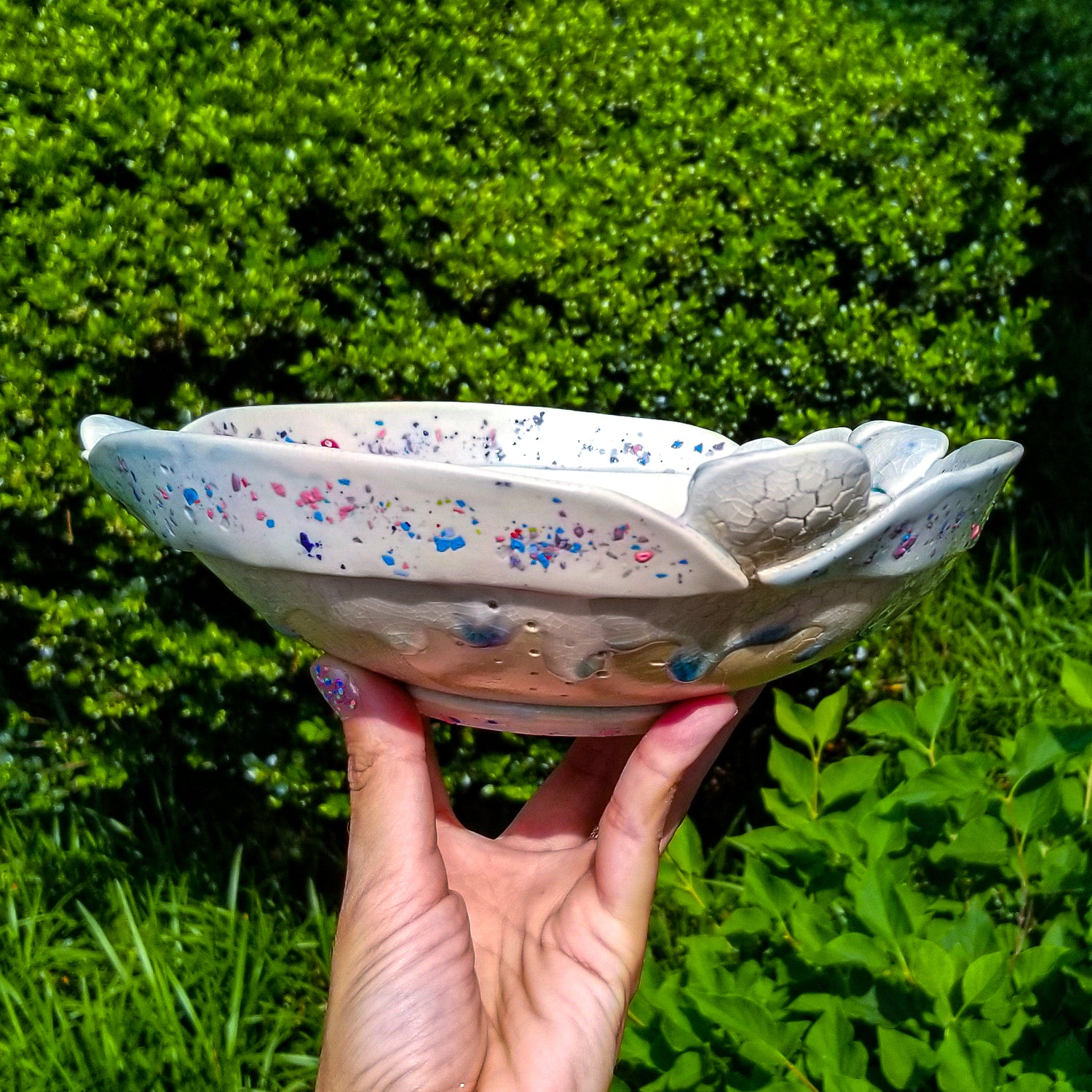 Handmade ceramic soda fired serving bowl multi color with pressed textures