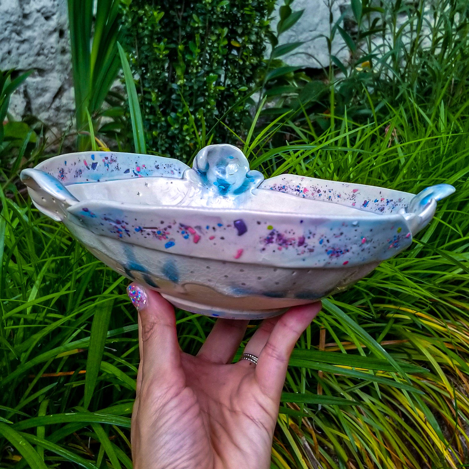 Handmade ceramic soda fired serving bowl multi color with pressed textures
