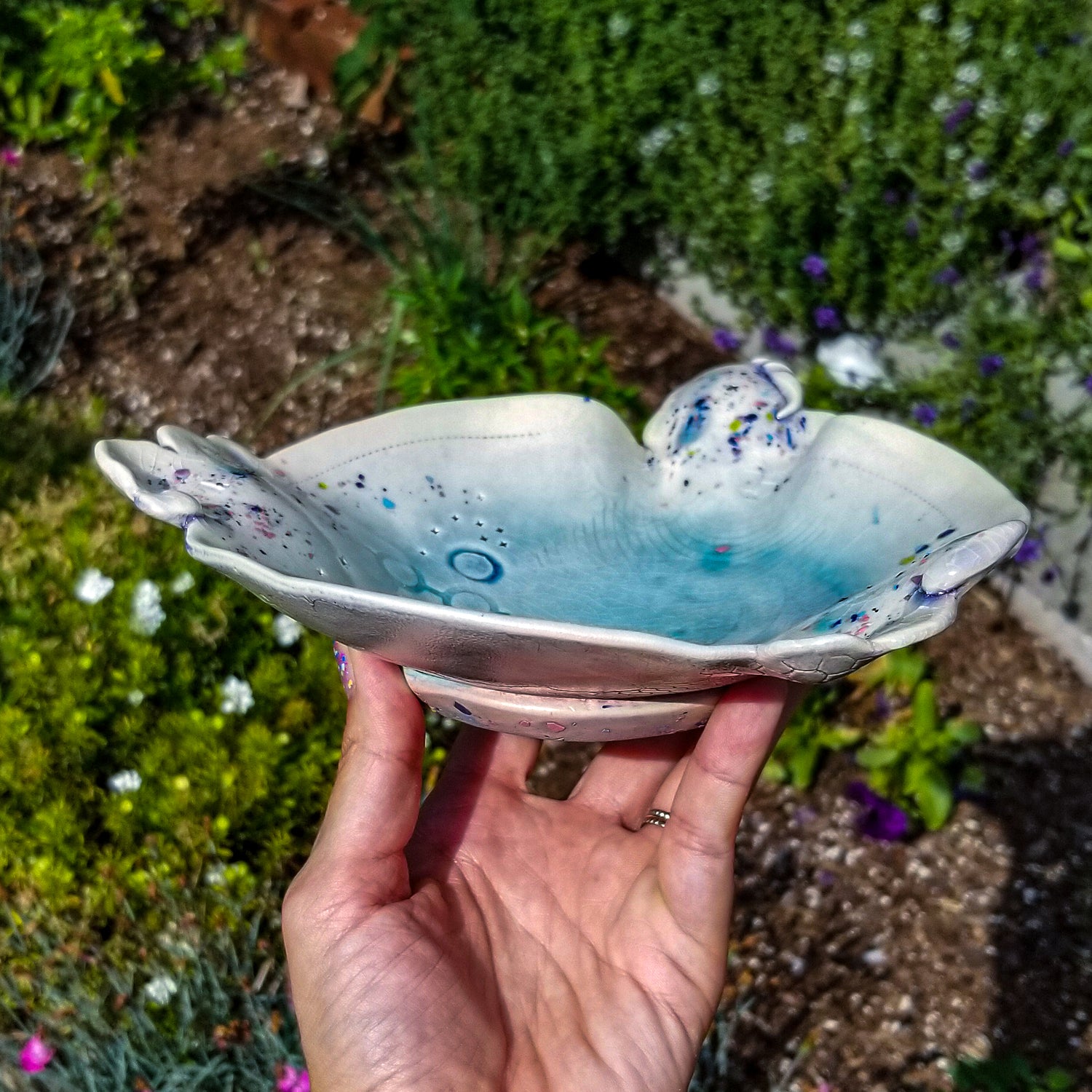Handmade ceramic soda fired dish multi color with pressed textures