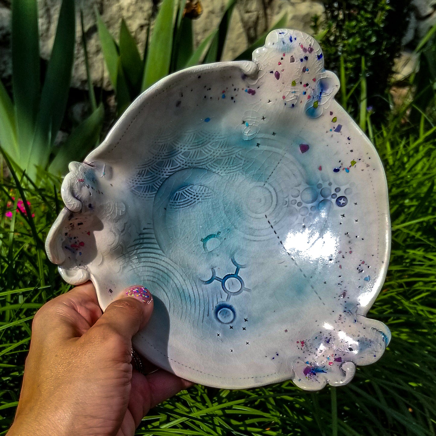 Handmade ceramic soda fired dish multi color with pressed textures