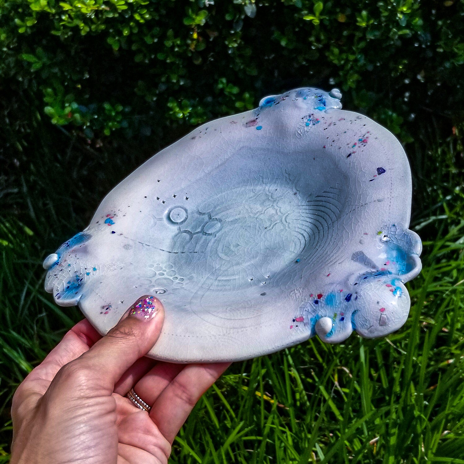 Handmade ceramic soda fired plate multi color with pressed textures