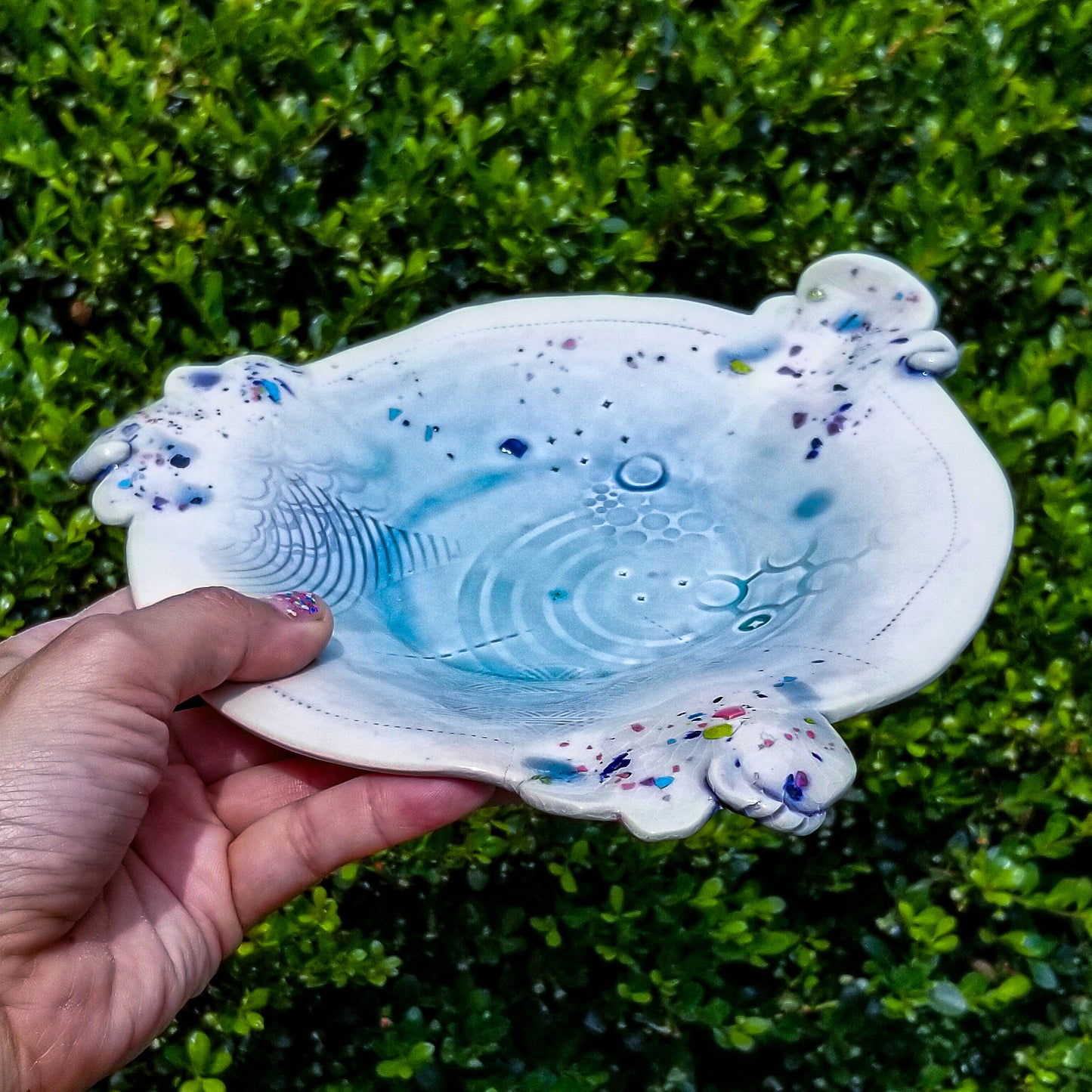Handmade ceramic soda fired plate multi color with pressed textures