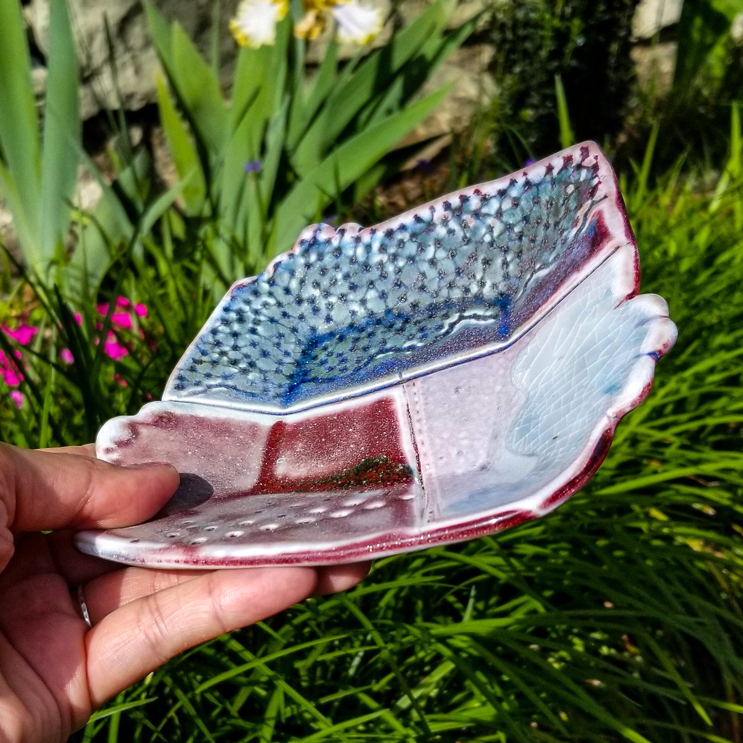 Handmade porcelain ceramic soda fired dish multi color with pressed textures