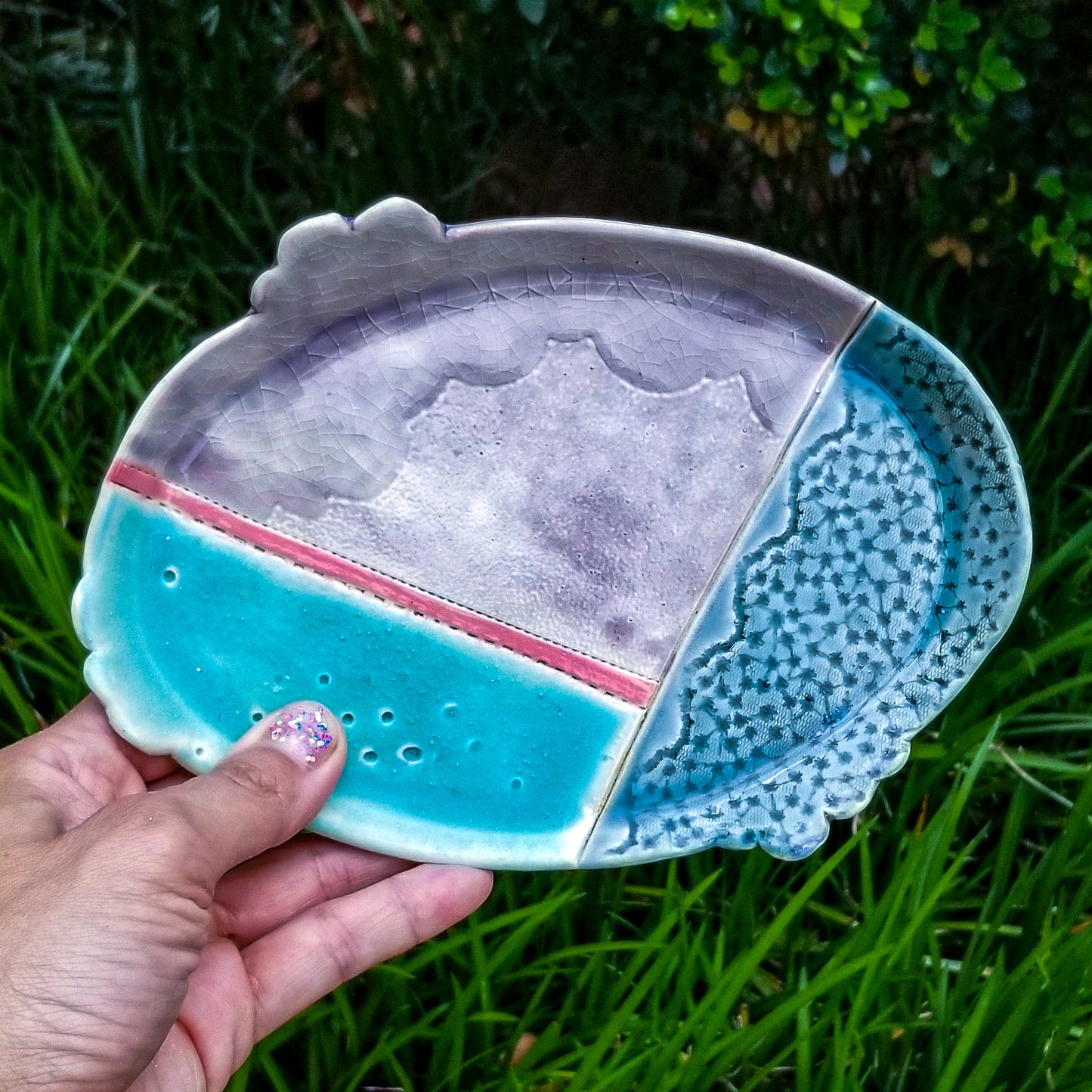 Handmade porcelain ceramic soda fired oval tray dish multi color with pressed textures