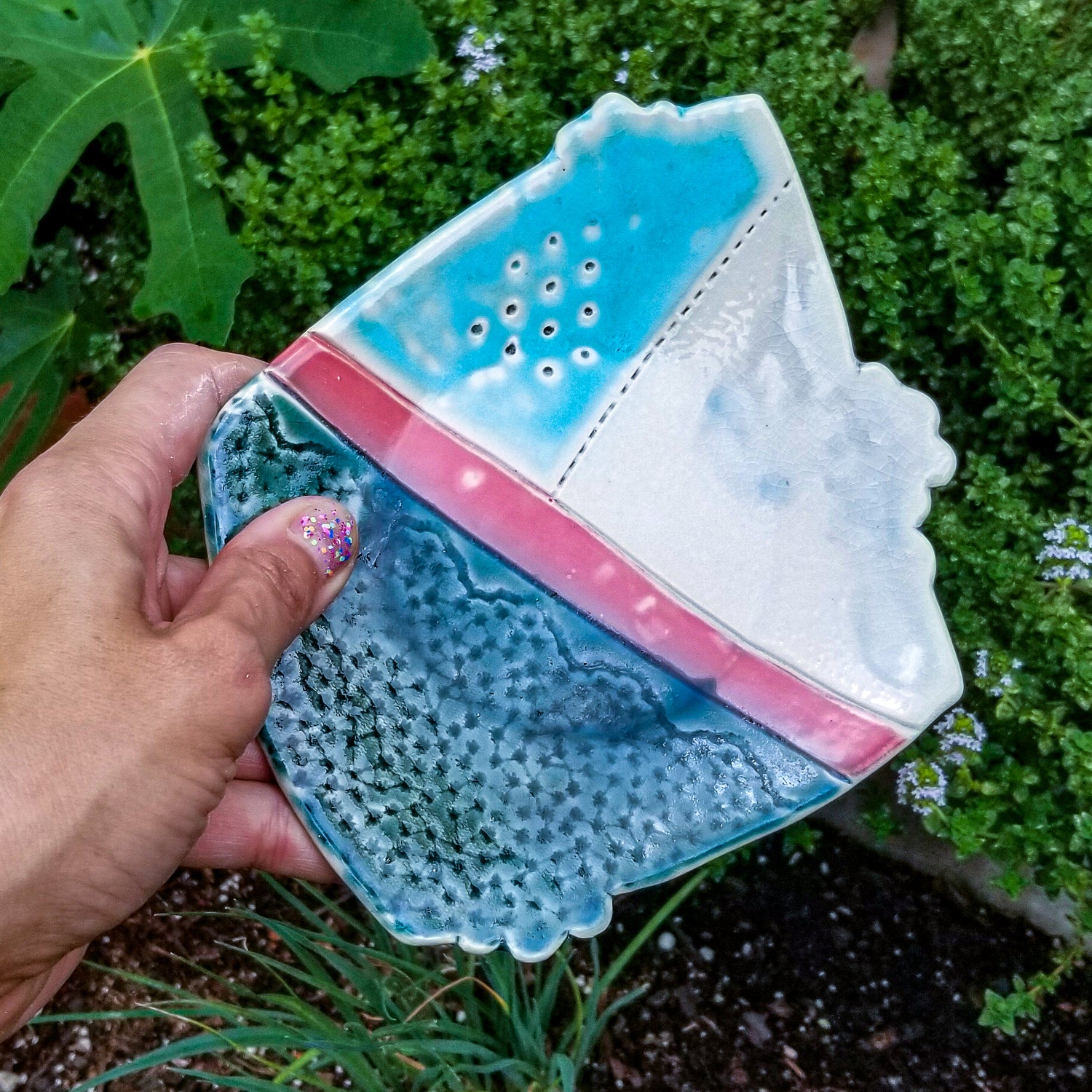 Handmade porcelain ceramic soda fired dish multi color with pressed textures