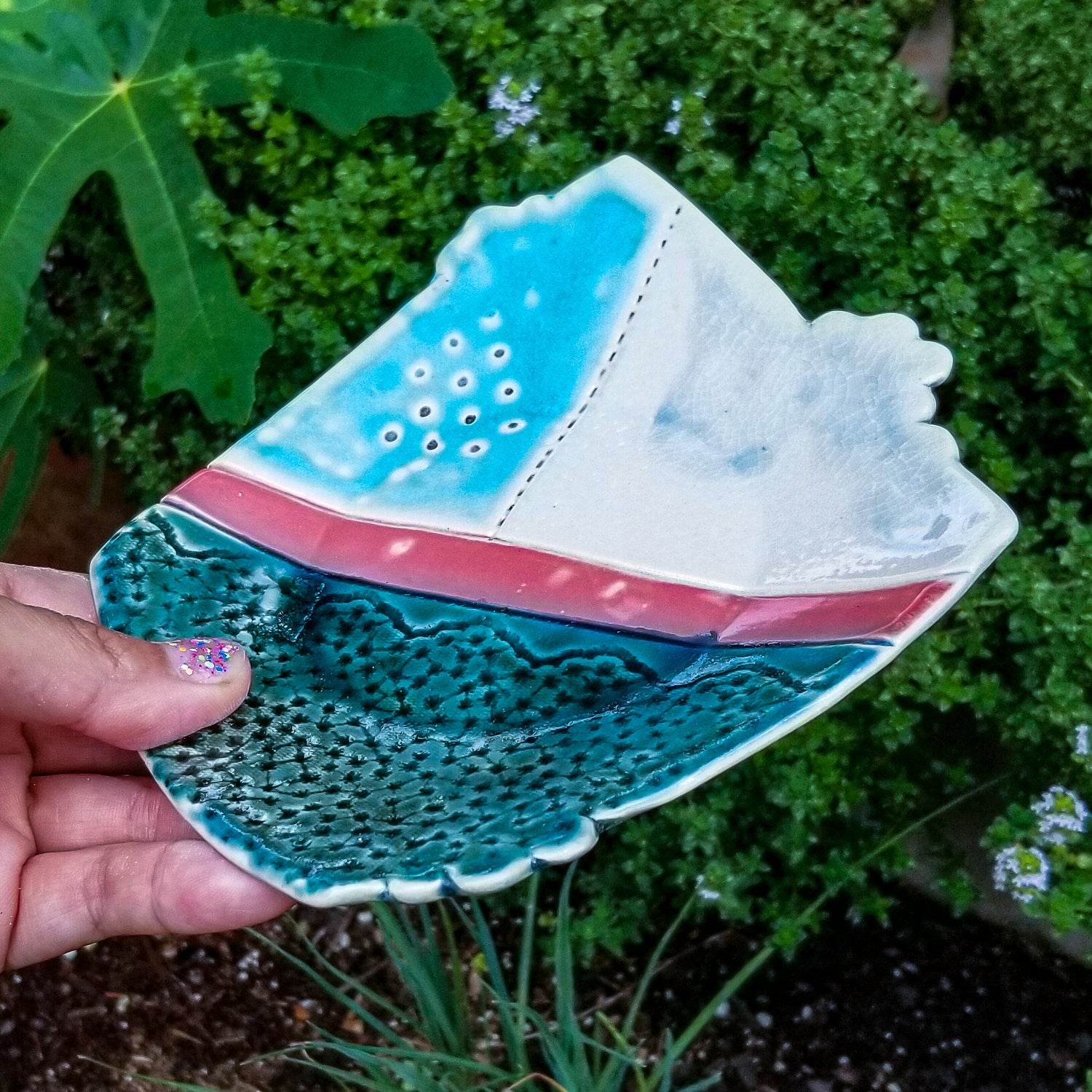 Handmade porcelain ceramic soda fired dish multi color with pressed textures