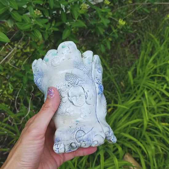 Video of handmade stoneware ceramic soda fired vase multi color with pressed textures