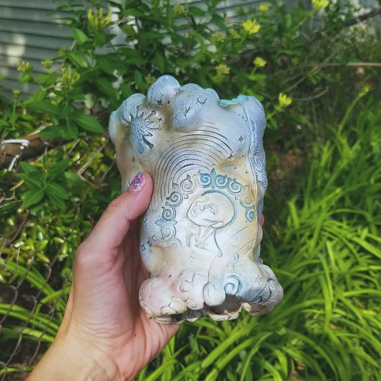 Video of handmade stoneware ceramic soda fired vase multi color with pressed textures